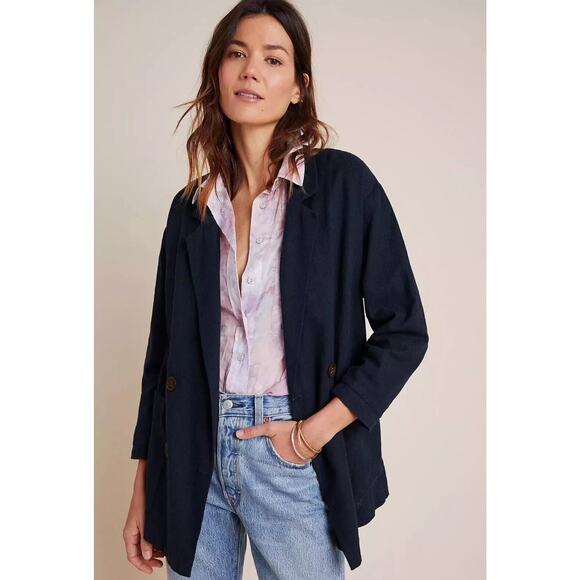 Anthropologie Jackets & Blazers - Anthropologie Amadi Blazer Jacket Womens Size XS Black Oversized Linen Blend